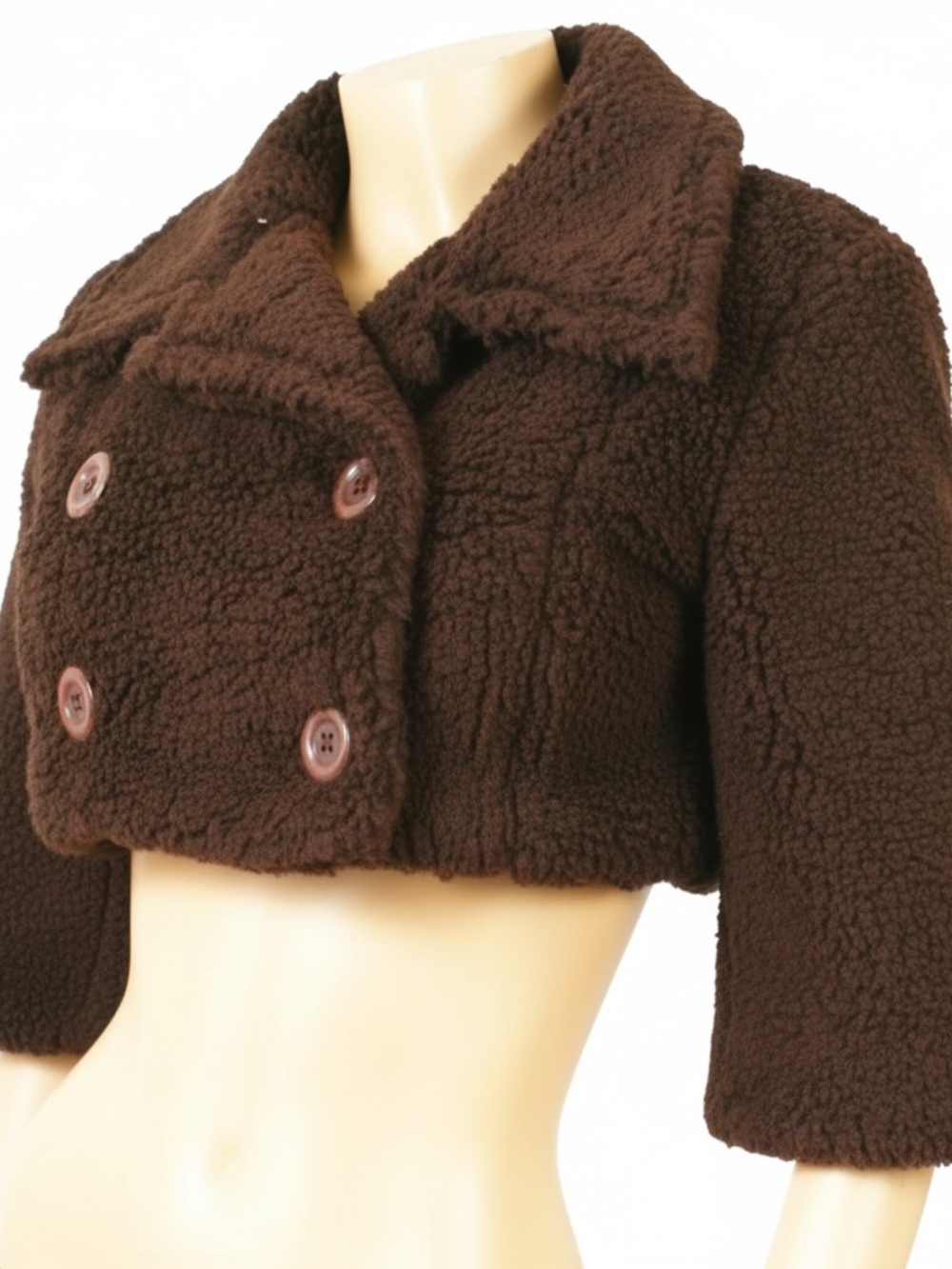 NWT Faux Fur Cropped Jacket Brown Double Breasted Teddy Coat Trendy (M or L)
